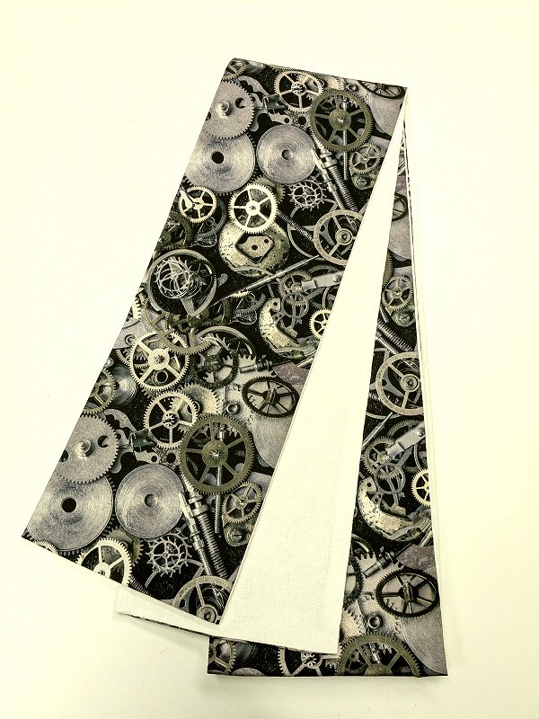 新品 半幅帯 綿 灰色地にスチームパンク リバーシブル 福服特製 モダン 和柄 浴衣帯 最強配送