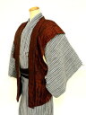 【中古】陣羽織 リメイク品 正絹 袖なし羽織 男女兼用 黒色地に変わり縞模様 福服特製 着物羽織り メンズ 和装コート 着物用コート