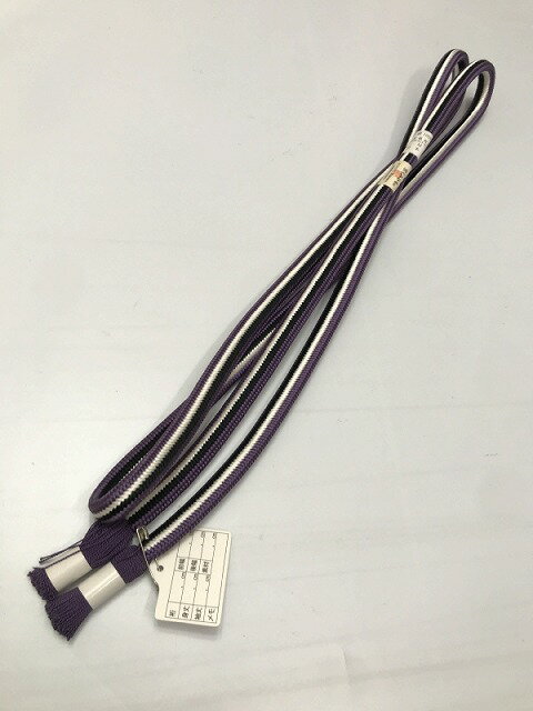 新品 帯締め 正絹　白/紫/黒縞文様の丸組