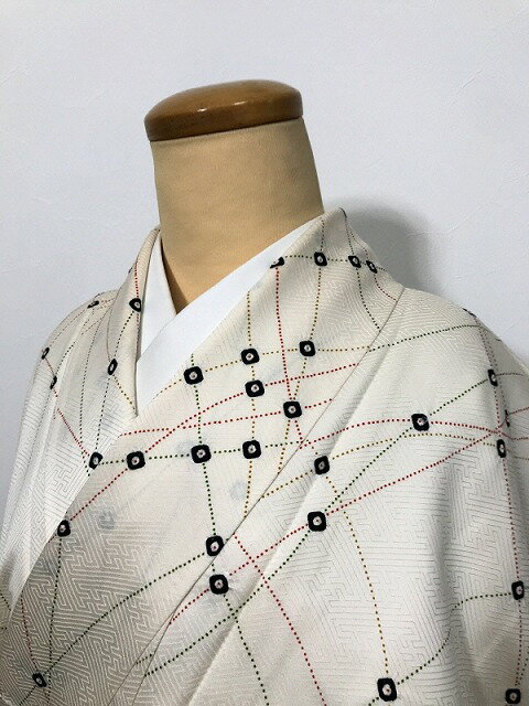 【中古】Lサイズ 小紋 正絹 白地に枝花模様(4)