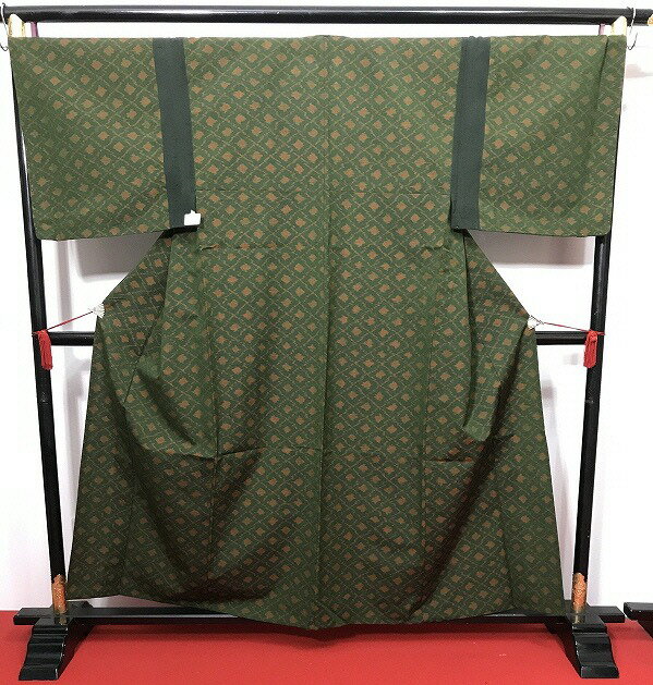 【中古】2Lサイズ リメイク男物シリーズ ウール グリーン地に菱文様 【福服特製】