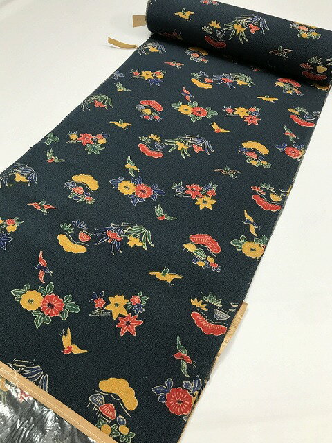 週末限定25％OFFCOUPON発行中/【中古】 未使用 反物 正絹 小紋着尺 12m 濃紺地に草花模様 最強配送