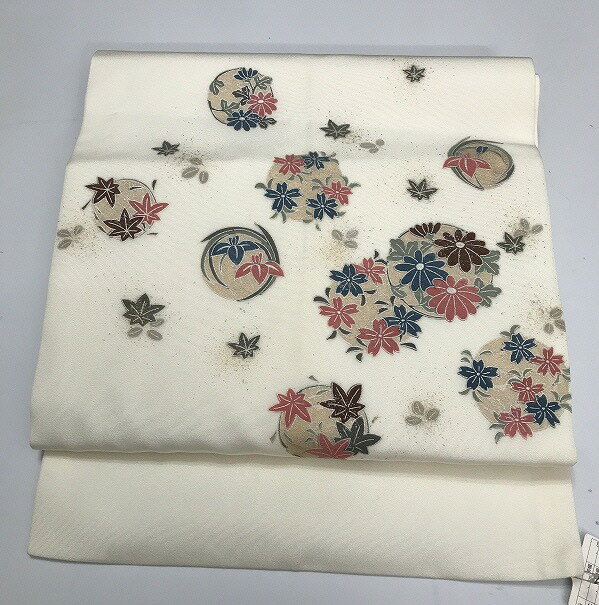 バラエティークーポン発行中/【中古】 名古屋帯 化繊 白地に花丸紋模様 九寸 お太鼓柄 最強配送(4)