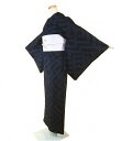 GWセール20%OFFクーポン/【中古】特選 紬 正絹 単衣着物 濃紺地に変わり格子文様 結城紬 裄66 Mサイズ