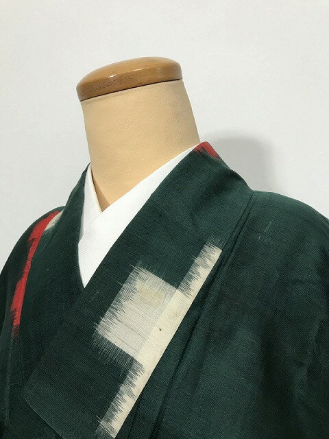 乐天商城 - 【中古】 Sサイズ 紬 正絹 グリーン地に絣文様 アンティーク 銘仙 袷着物