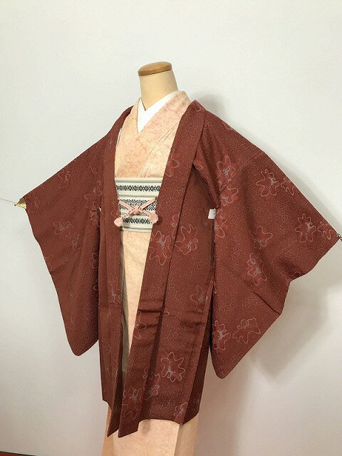 乐天商城 - 【中古】 Sサイズ 羽織 正絹 赤茶地に花文様 アンティーク 長羽織 最強配送 シーズン春