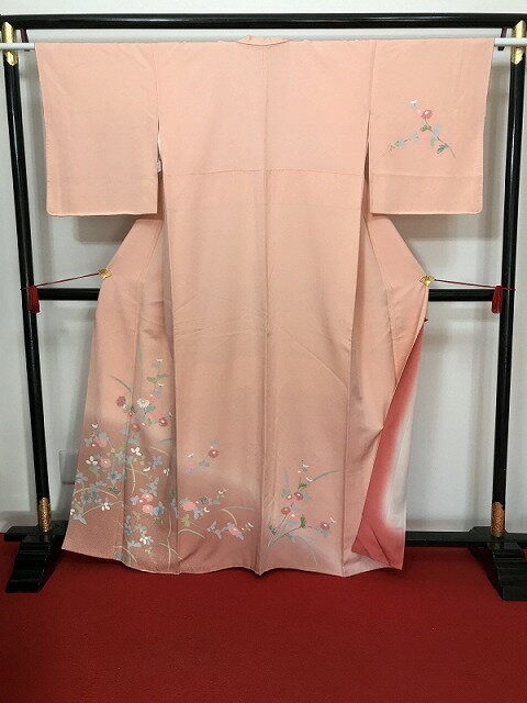乐天商城 - 【中古】 Mサイズ 付け下げ 正絹 付下げ訪問着 ピンク地に草花模様 袷着物 最強配送 シーズン春