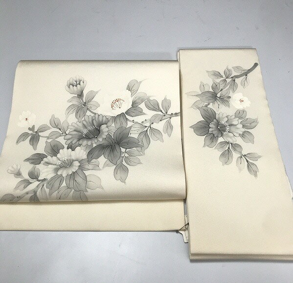 【中古】 作り帯 正絹 お太鼓結び型 二部式帯 九寸 お太鼓柄 名古屋帯の付け帯 白地に枝花模様 塩瀬 最強配送...