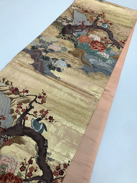 【中古】袋帯 正絹 香色地に花鳥文様
