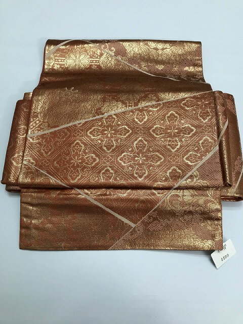 乐天商城 - 【中古】 作り帯 正絹 二重太鼓結び マジックテープ式 六通柄 袋帯の付け帯 赤茶地に寄せ柄文様 最強配送 シーズン春