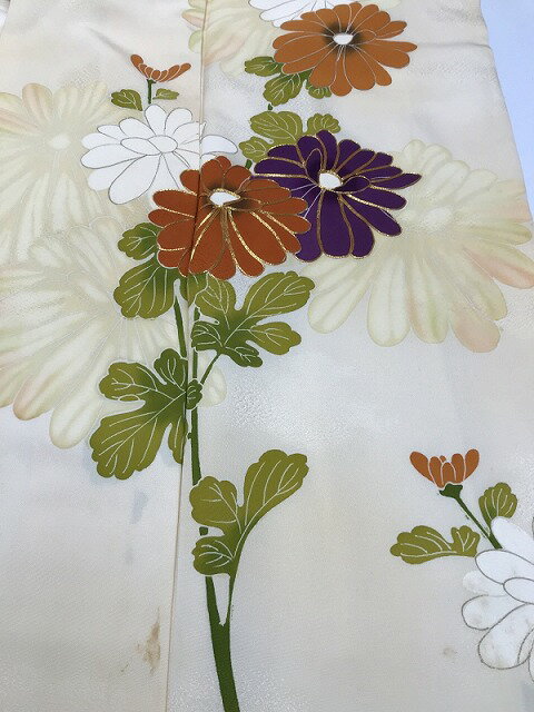 【中古】 Sサイズ 付け下げ 正絹 付下げ訪問着 クリーム地に菊花模様 袷着物