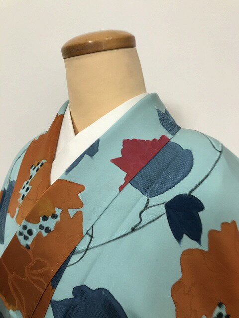 乐天商城 - 【中古】 Mサイズ 小紋 正絹 水色地に牡丹模様 袷着物