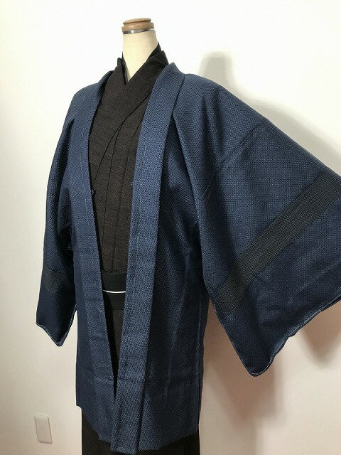 乐天商城 - 【中古】2Lサイズ 羽織 ウール リメイク男物シリーズ 濃紺地に蚊絣文様【福服特製】