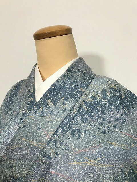 乐天商城 - 【中古】 Sサイズ 胴抜き着物 化繊 小紋ブルーグレー地に枝葉模様 洗える着物 最強配送 シーズン春