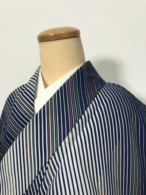 乐天商城 - 【中古】Sサイズ 小紋 化繊 濃紺地に縞模様