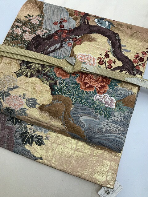 【中古】袋帯 正絹 香色地に花鳥文様
