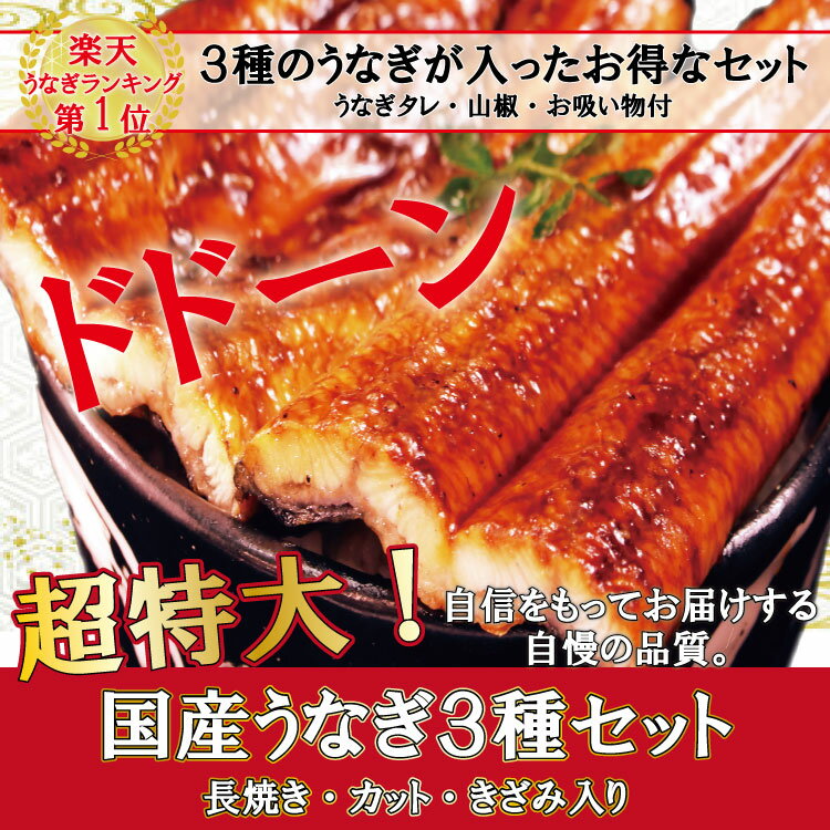 国産 特大 うなぎ 蒲焼き1尾[200g]+カット2枚[100g]＋きざみうなぎ1枚[50g]試してセット＋蒲焼のタレ、山椒、お吸い物　3セット付送料無料　父の日　 土用丑 　うなぎ　うなぎプレゼント 　父の日ギフト　贈答　父の日　ギフト　母の日　ギフト