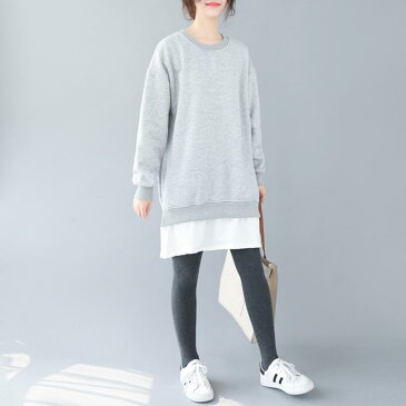 ワンピース ロングパーカー ラウンドネック 長袖 レイヤード風 裏起毛 体型カバー プルオーバー ロングTシャツ スウェット サイドスリット 着痩せ 無地 韓国ファッション送料無料