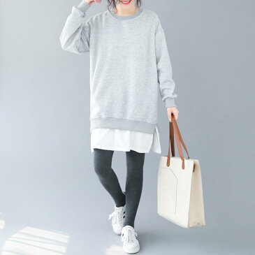ワンピース ロングパーカー ラウンドネック 長袖 レイヤード風 裏起毛 体型カバー プルオーバー ロングTシャツ スウェット サイドスリット 着痩せ 無地 韓国ファッション送料無料