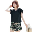 TeddyShop 水着 レディース 体型カバー タンキニ 4点セット 大人 ビキニ タンクトップ ショートパンツ Tシャツ ラッシュガード ママ水着 hys1618 (U:ブラック×フラワー, S(7号))