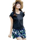 TeddyShop 水着 レディース 体型カバー タンキニ 4点セット 大人 ビキニ タンクトップ ショートパンツ Tシャツ ラッシュガード バックシャン hys1618 (B:ブラック×ネイビー, XL(13号))