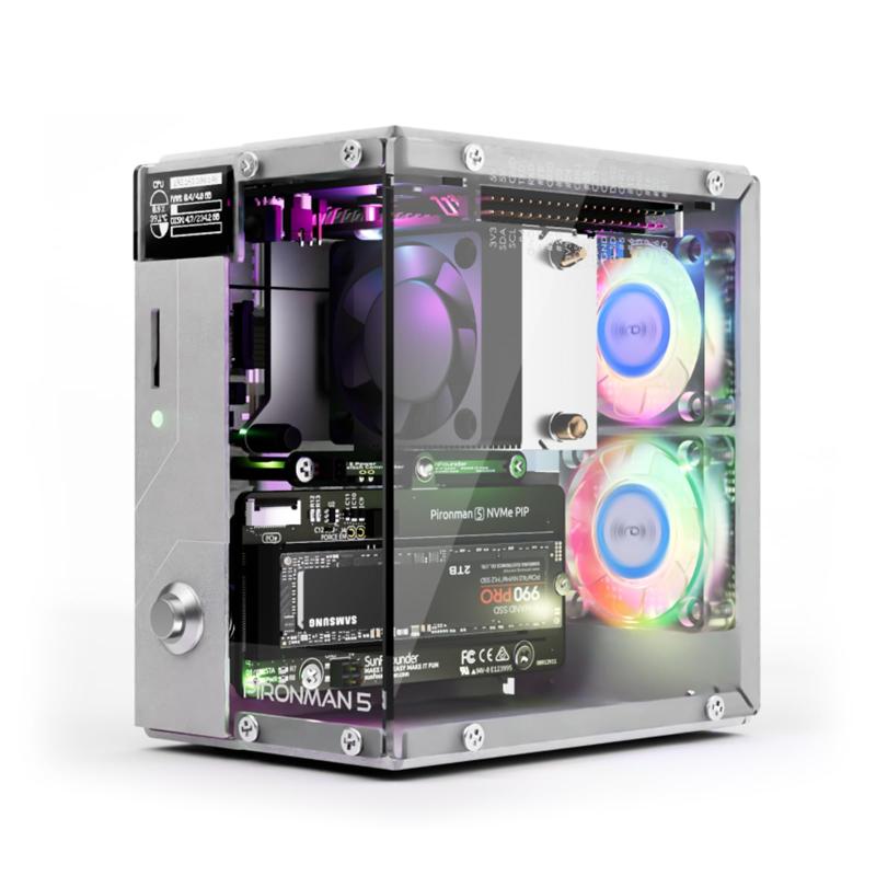 Pironman 5 NVMe M.2 SSD対応 Mini PCケース Raspberry Pi 5用 PCIe 2.0/3.0対応、Hailo-8L 対応、AIエージェント OpenClaw、タワークーラー＋デュアルRGBファン、0.96インチOLE