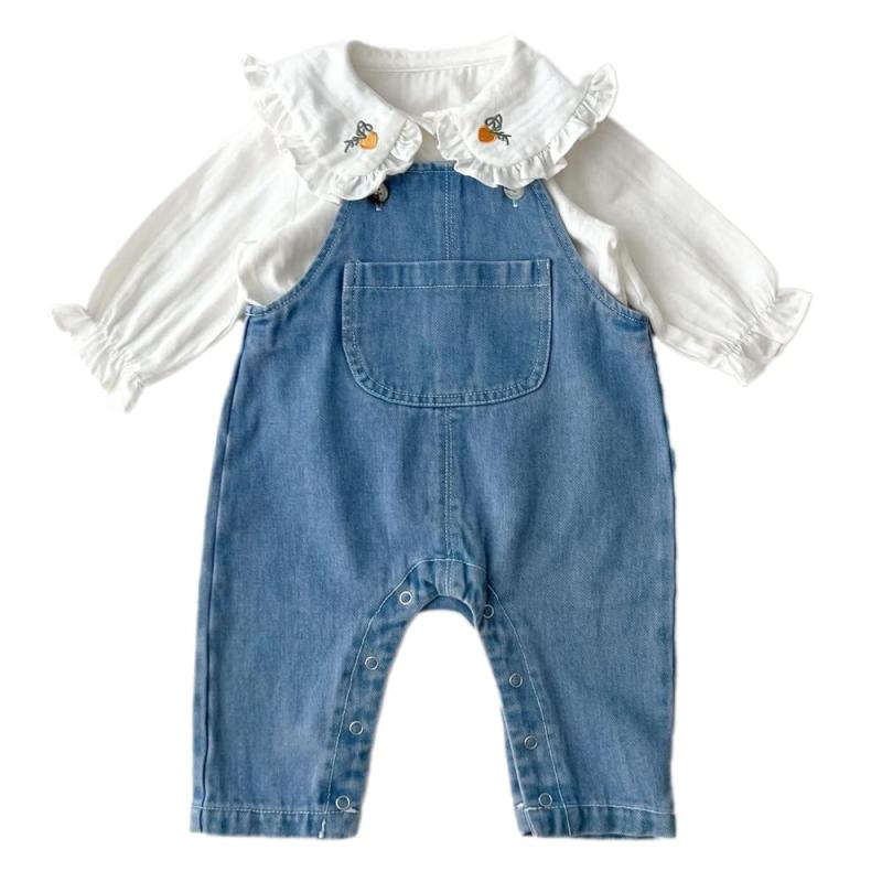 [Reegoo Peter] ベビー服 女の子 サロペット シャツ ロンパース カバーオール 子供服 ブラウス かわいい 韓国風 デニム 綿100％ 通園通学 73 80 90 100