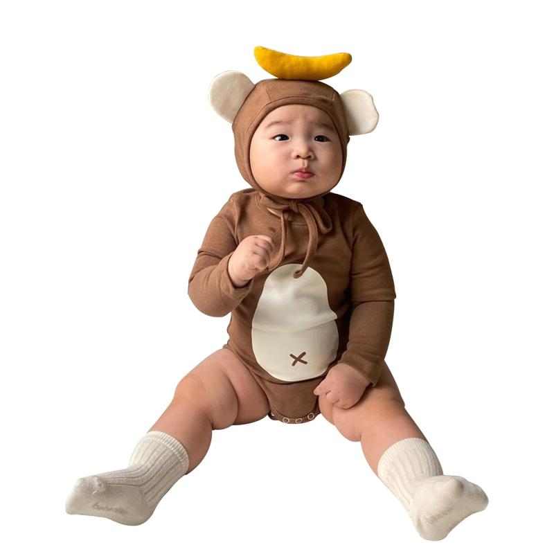 [SLINX] ロンパース ベビー服 カバーオール 着ぐるみ お猿さん ジャンプスーツ フード付き ベビータイ..