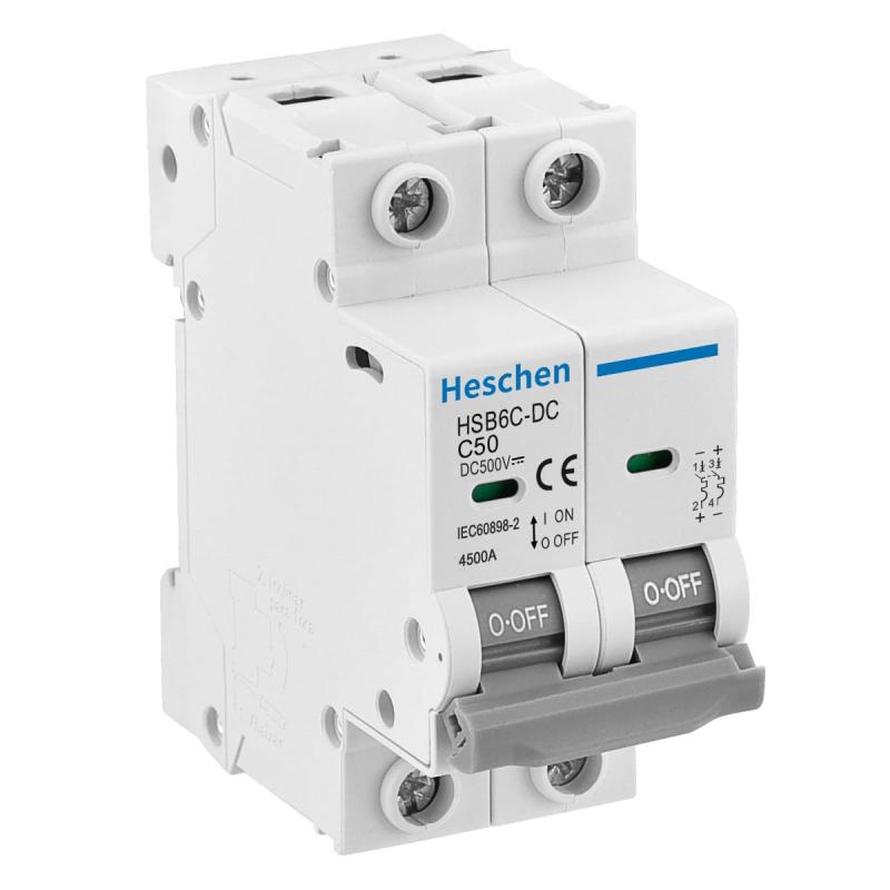 Heschen DC ミニチュアサーキットブレーカー, HSB6C-DC, 2 極, DC500V 50A, ソーラーパネルコントローラーに使ってます, 太陽光発電システムソーラーパネルグリッドシステム用, 35mm DIN レール取り付