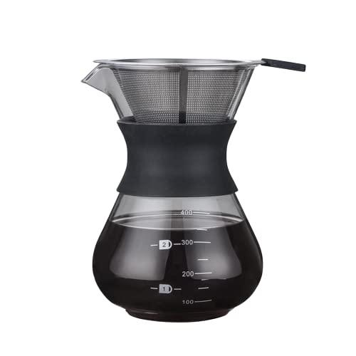 コーヒーサーバー コーヒードリッパー コーヒーカラフェセット コーヒードリップ器具 ホルダー ハンドドリップ ハンドドリップセット フラワードリッパー コーヒードリッパー ステンレス1【多機能】このコーヒーサーバーは、コーヒードリップとして使用するだけではなく、ミルクやジュース、お茶の容器として使うのも便利です。2【サイズ】このコーヒーポットは容量が400mlという二つの種類があります。容量400mlの方：約6cm*9.5cm*15cm。ご注意：手工で測っておりますので、若干の誤差が生じる場合がございます。何どぞご了承のほど宜しくお願い申し上げます。3【便利】このコーヒーポットはV型の注ぎ口があるので、流量を適切にしてくれます。本体は小さくて使いやすいので、コーヒーを召し上がりたいのなら、場所と時間を問わず、家でもオフィスでも使用できます。また、ステンレス製で細かいメッシュがあるフィルターがついており、濾紙いらずにコーヒーを淹れられます。4【優れた素材】このコーヒーサーバーは抜群な耐熱性があるガラスで作られております。また、急激な温度の変化が耐えられます。例えば、-20℃のポットに急に180℃のお湯を注ぎ込んでも、ガラスは破裂しません。ポットに持ち運びをやすくする断熱のシリコンゴムも付いております。5【目盛り付き】瓶にはちゃんと目盛りが付いていますので、お好きな分量がぴったりと得られます。コーヒー一杯だと自分で楽しめられ、2杯だと友人か、家族か、恋人かと一緒に楽しめます。