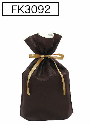 楽天袋マルシェ（お徳用）不織布リボン付巾着袋（底マチ付）ブラウンL　310幅×430高（300）100枚入