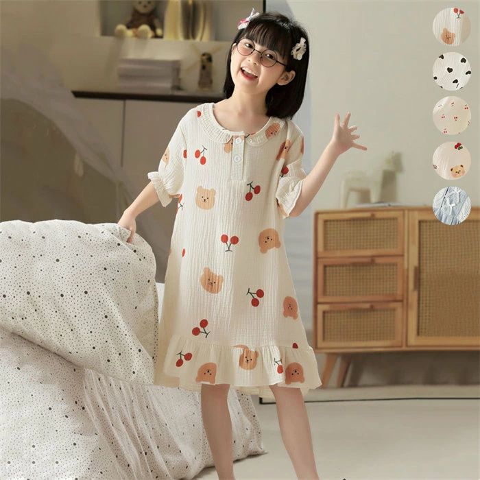 Pajamas - パジャマ ワンピース ロングワンピース ネグリジェ ナイトドレス ロング丈 親子ペアルック 親子お揃い 家族お揃い 親子コーデ 親子 ペアルック 女の子 キッズ 子供 レディース ママ 綿100％ ガーゼ 半袖 夏 夏服 総柄 総柄ワンピース 薄手 マキシ丈 丸襟 部屋着