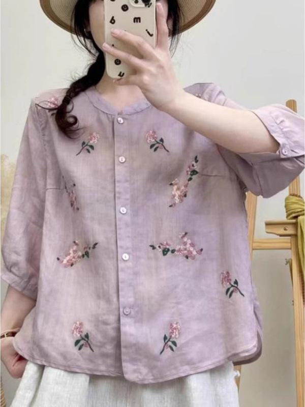 シャツ 半袖 綿麻 エスニック 刺繍 春夏 トップス 軽量 通気性 普段使い コーディネート 爽やか
