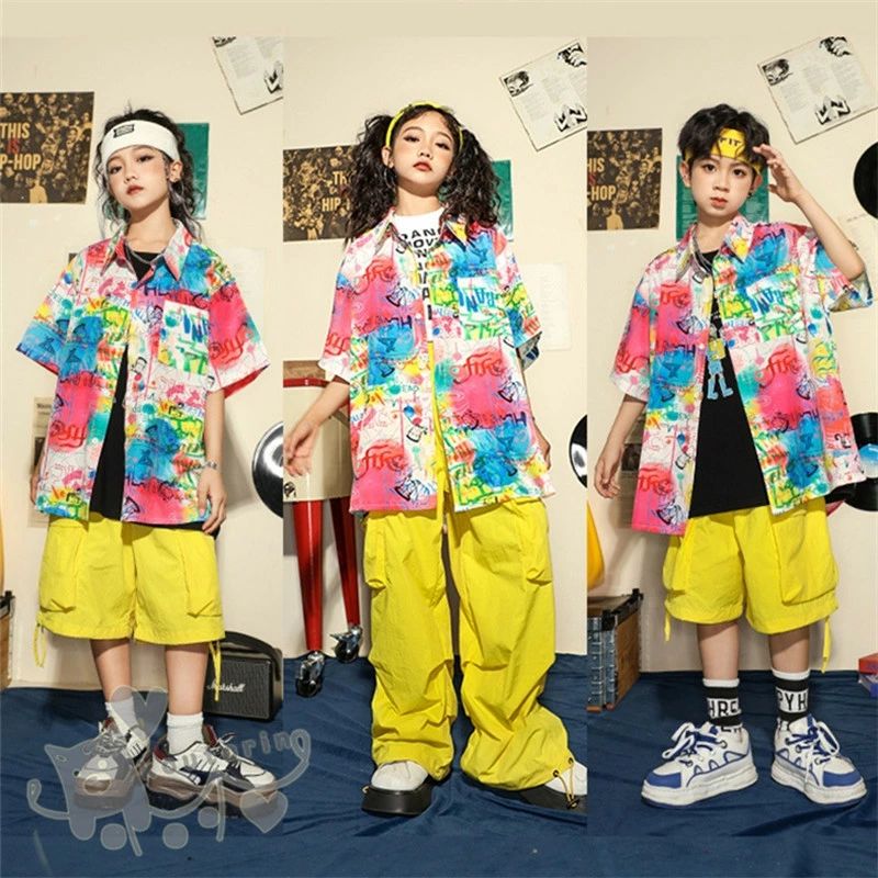 Top & Bottom Sets - ダンス衣装 ヒップホップ 白ベスト タイダイ柄シャツ ショートorロングパンツ へそ出し キッズ ガールズ 男の子 セットアップ 派手 K-POP 韓国 ステージ衣装 応援団 練習着 体操服 発表会 hiphop 演出服 おしゃれ 110-180cm 送料無料