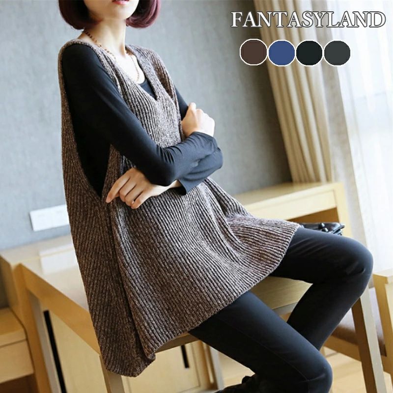 Three-Quarter Knit - ニットベスト Vネック 温かい あったかい お洒落 柔らかい アシンメトリー ヒップカバー 体型カバー シンプル 厚手 秋 冬 20代 30代 40代 大人 ママ レディース