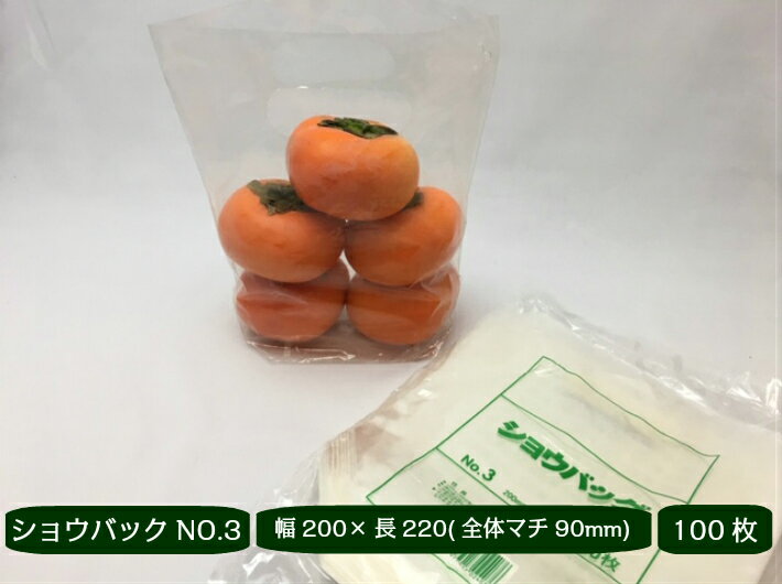 ショウバック NO.3 幅200×長220（全体マチ90mm）【100枚】 福助工業　(領収書対応可能）フルーツ 果物 青果 パック バック 取手付 袋 みかん りんご 柿 透明 テイクアウト 持ち帰り 雑貨 3 パック 透明 スタンド 自立袋