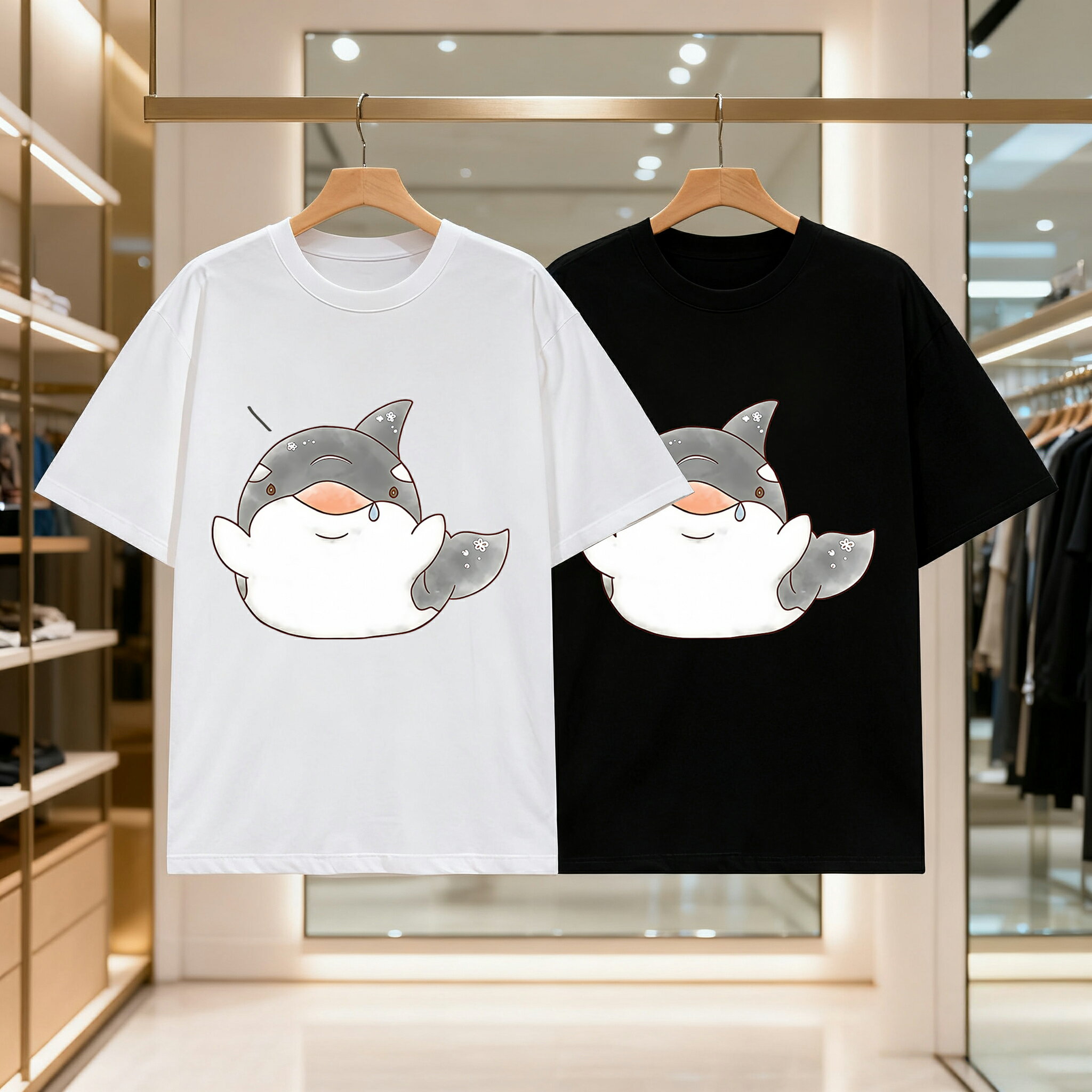 乐天商城 - かわいいサメメンズ レディース ブラック 黒 ホワイト 白 トップスカジュアル シンプル Tシャツ 半袖