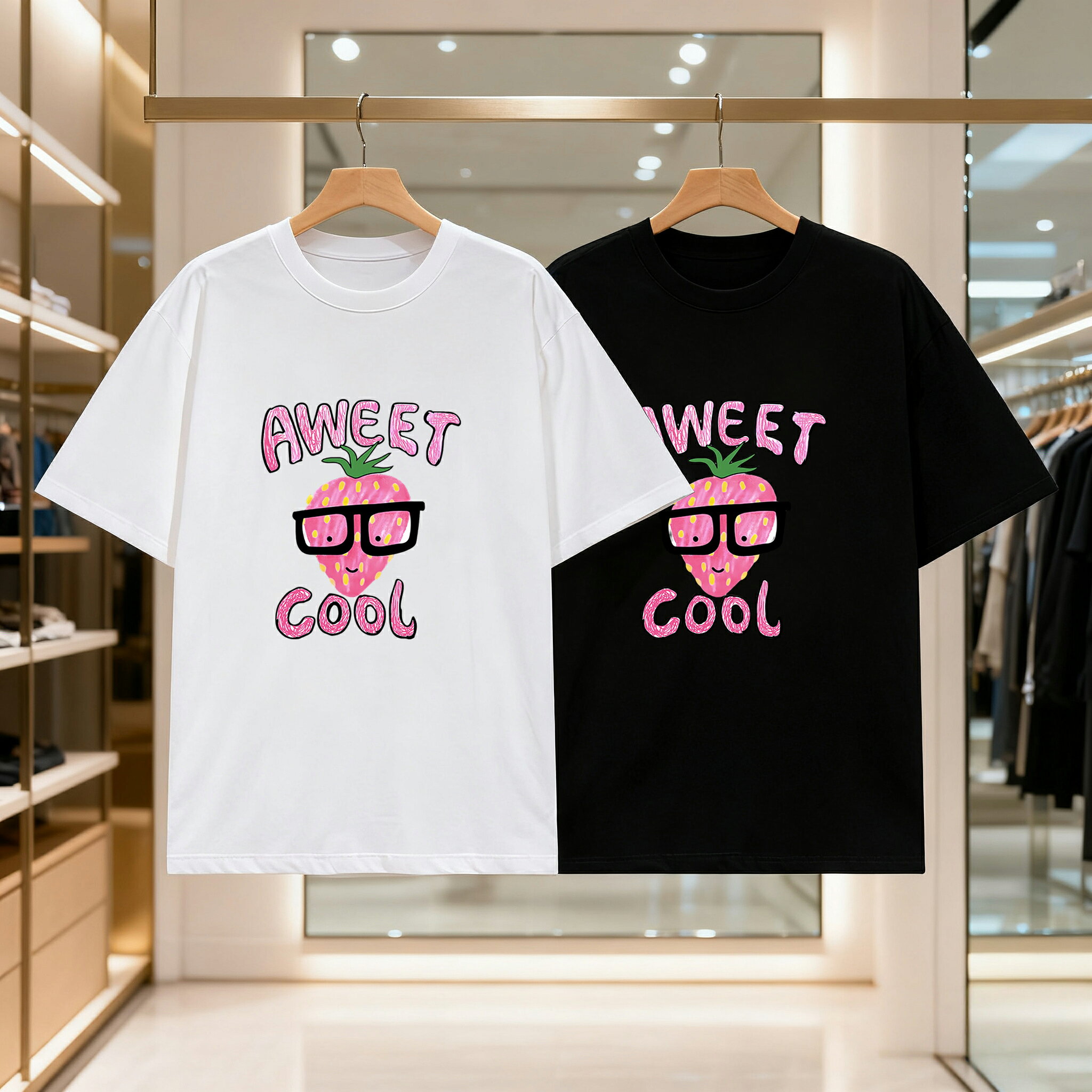 甘くてクールな楽しいイチゴプリントメンズ レディース ブラック 黒 ホワイト 白 トップスカジュアル シンプル Tシャツ 半袖
