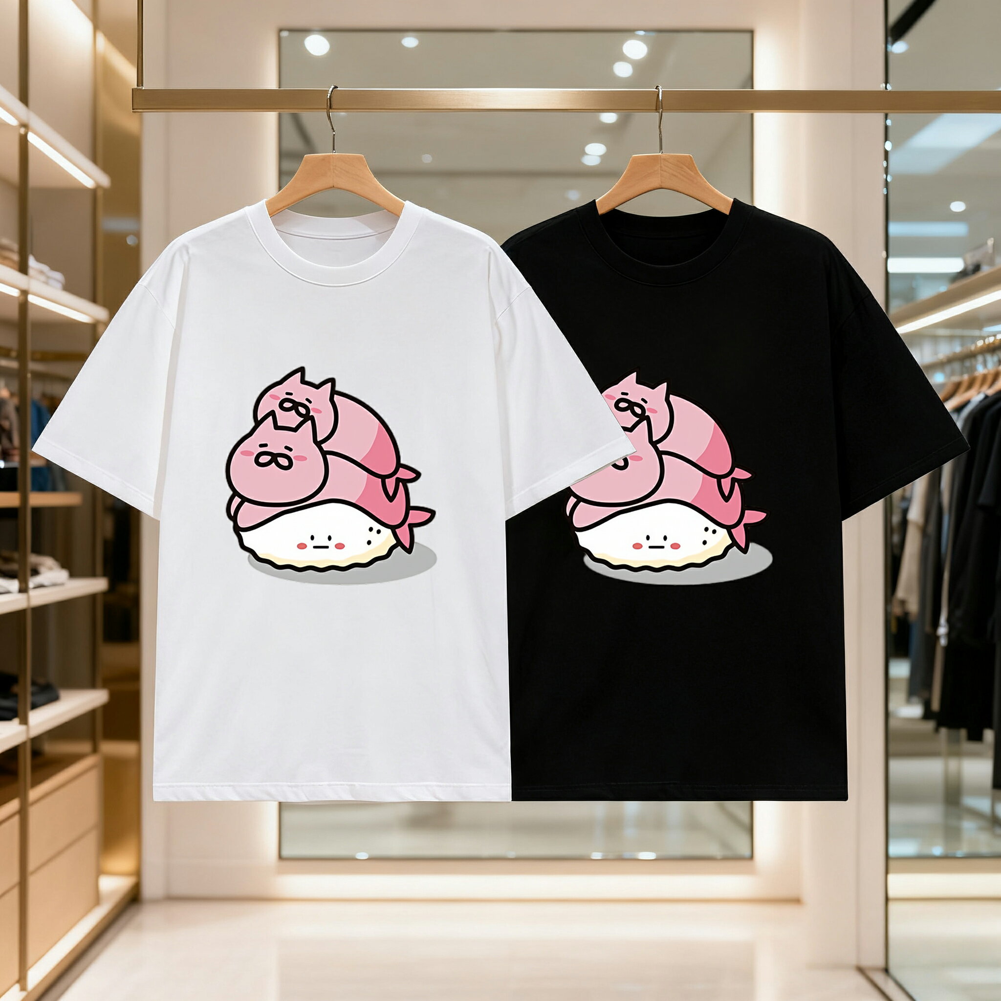 乐天商城 - 二匹の子豚の寿司 メンズ レディース ブラック 黒 ホワイト 白 トップスカジュアル シンプル Tシャツ 半袖