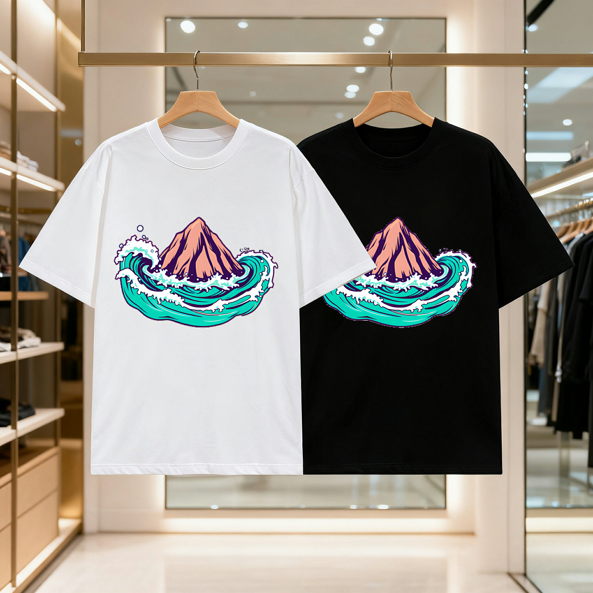 乐天商城 - 波と山のプリント メンズ レディース ブラック 黒 ホワイト 白 トップスカジュアル シンプル Tシャツ 半袖