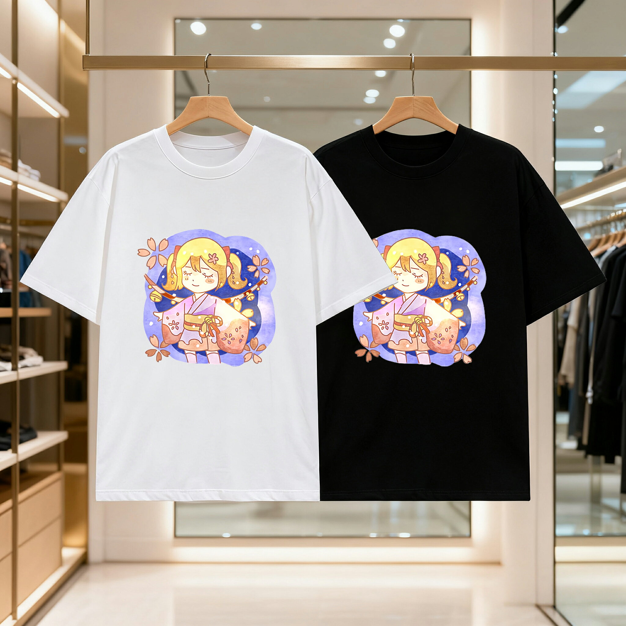 乐天商城 - 和風の桜着物の女の子 メンズ レディース ブラック 黒 ホワイト 白 トップスカジュアル シンプル Tシャツ 半袖