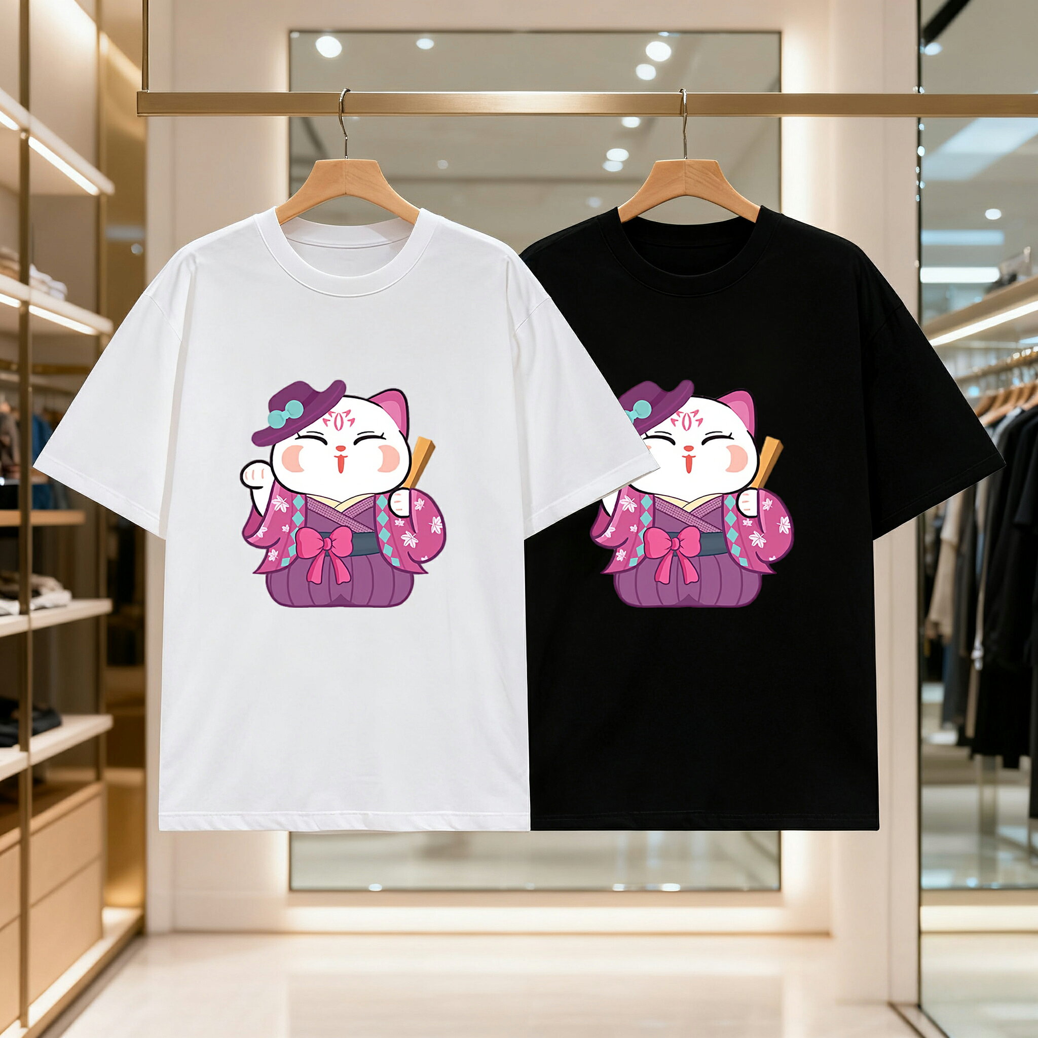 乐天商城 - シルクハットと着物を着た招き猫 メンズ レディース ブラック 黒 ホワイト 白 トップスカジュアル シンプル Tシャツ 半袖