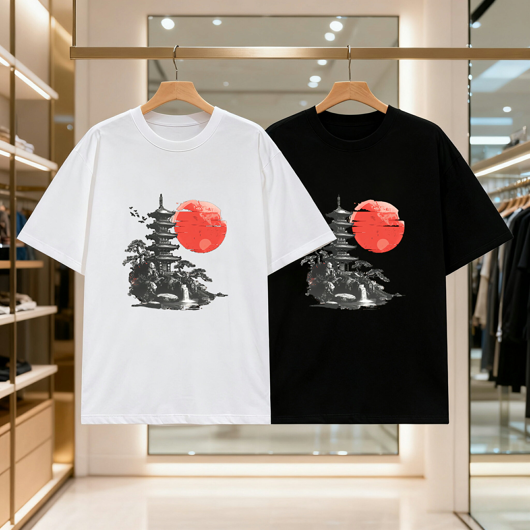 乐天商城 - 満月の風景プリント メンズ レディース ブラック 黒 ホワイト 白 トップスカジュアル シンプル Tシャツ 半袖