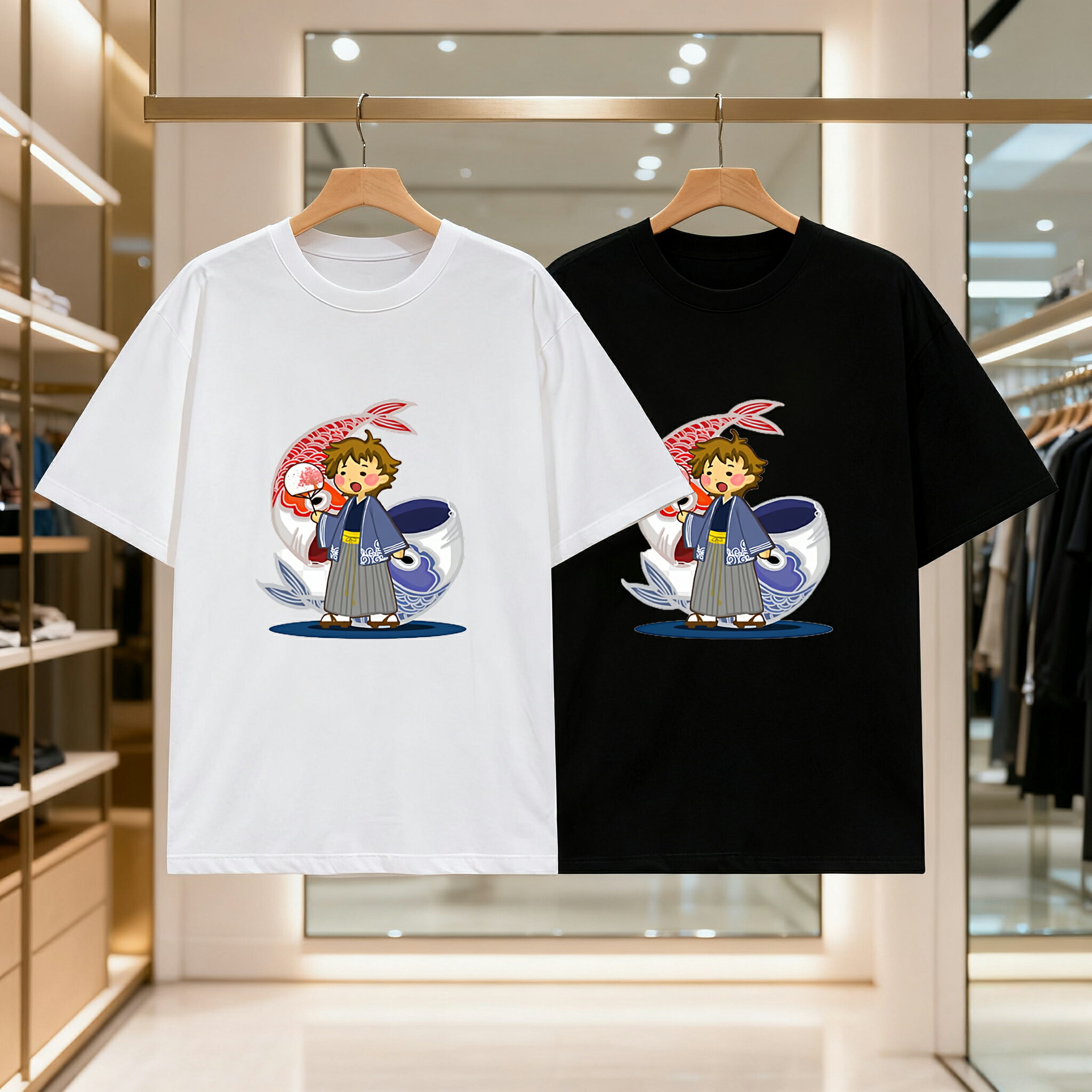 乐天商城 - 青いかわいい子供の日の着物男の子 メンズ レディース ブラック 黒 ホワイト 白 トップスカジュアル シンプル Tシャツ 半袖