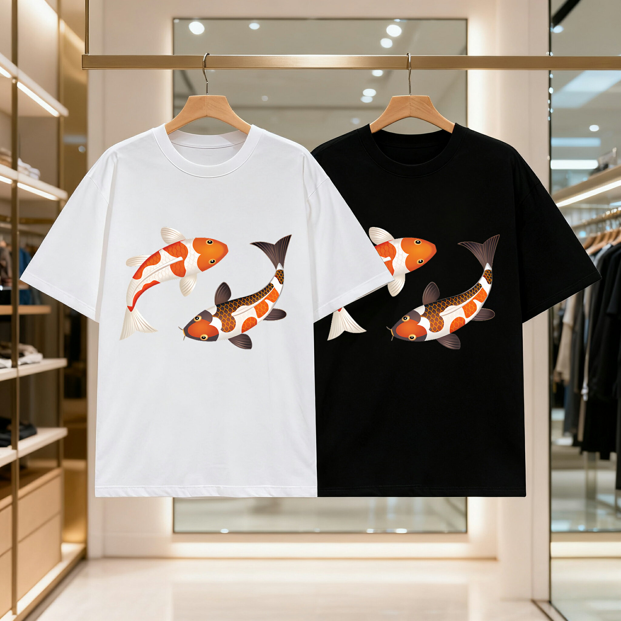 乐天商城 - 日本の二匹の鯉 メンズ レディース ブラック 黒 ホワイト 白 トップスカジュアル シンプル Tシャツ 半袖