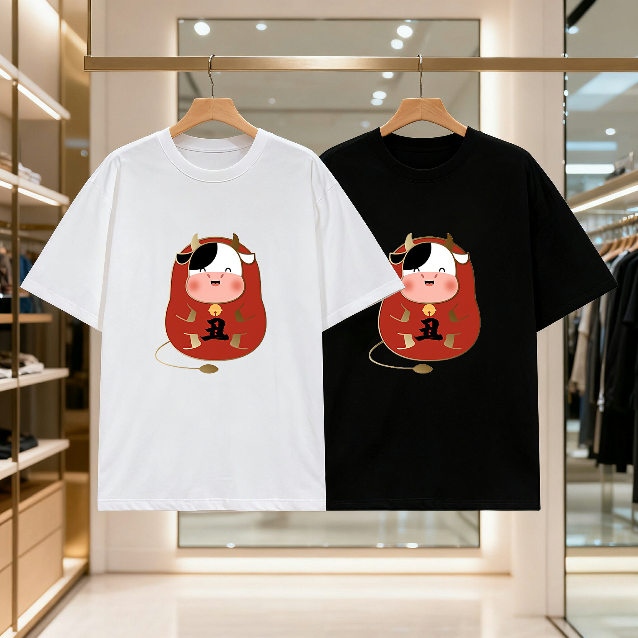 乐天商城 - 日本の正月だるま牛 メンズ レディース ブラック 黒 ホワイト 白 トップスカジュアル シンプル Tシャツ 半袖
