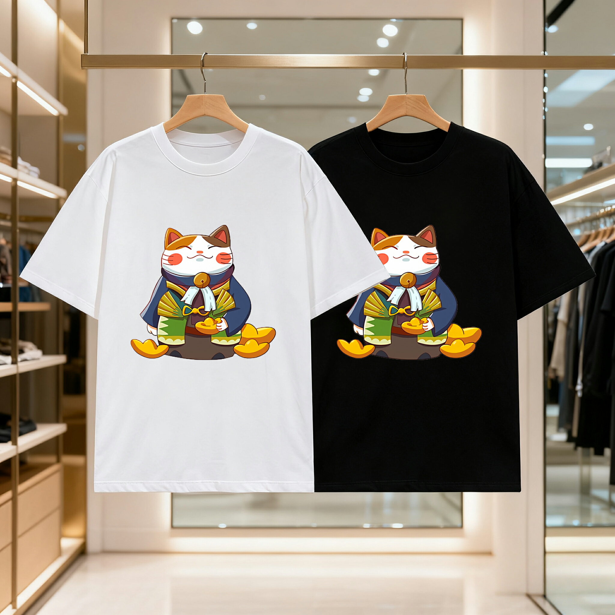 乐天商城 - 日本の招き猫の金塊 メンズ レディース ブラック 黒 ホワイト 白 トップスカジュアル シンプル Tシャツ 半袖