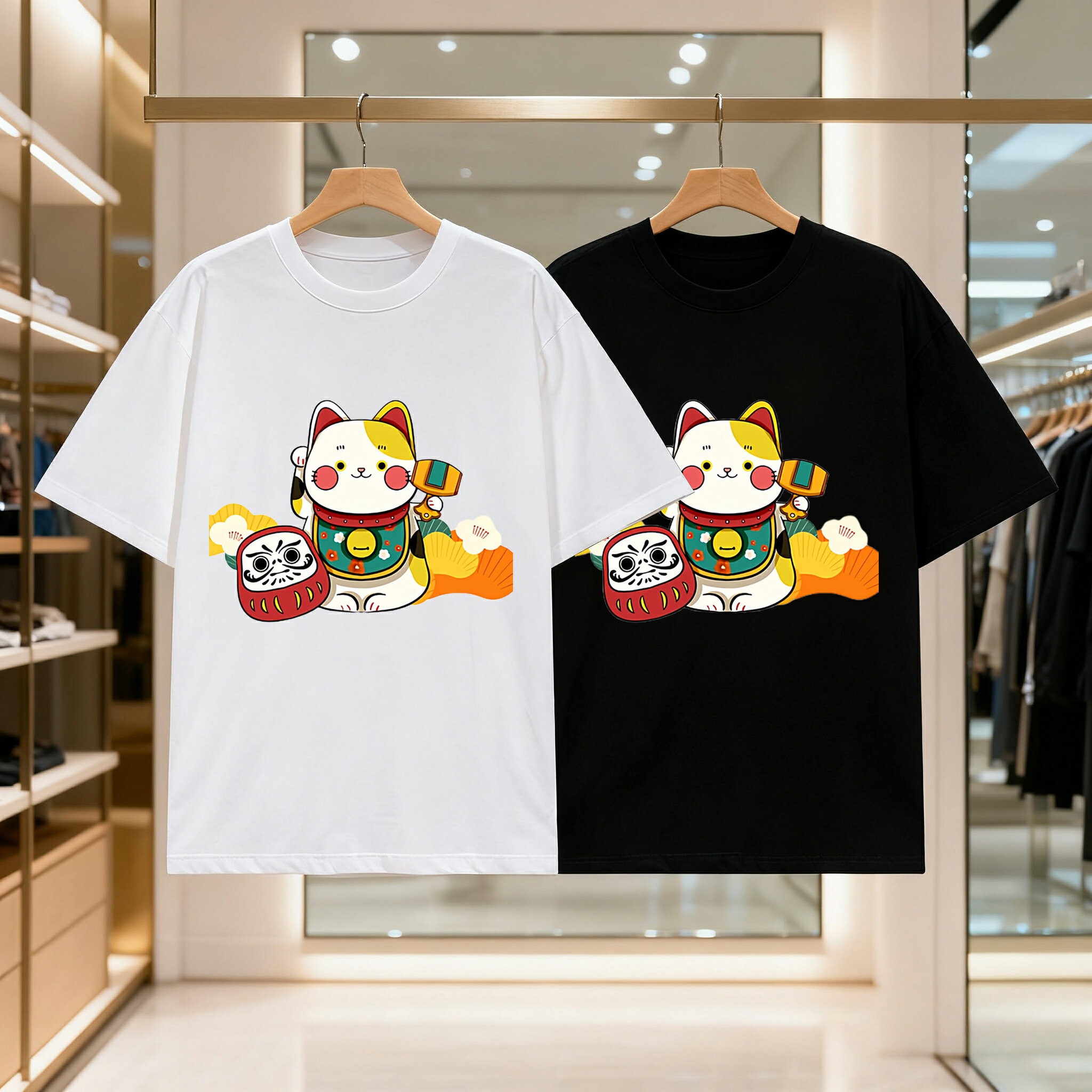日本の伝統的な招き猫とタンブラー メンズ レディース ブラック 黒 ホワイト 白 トップスカジュアル シ..