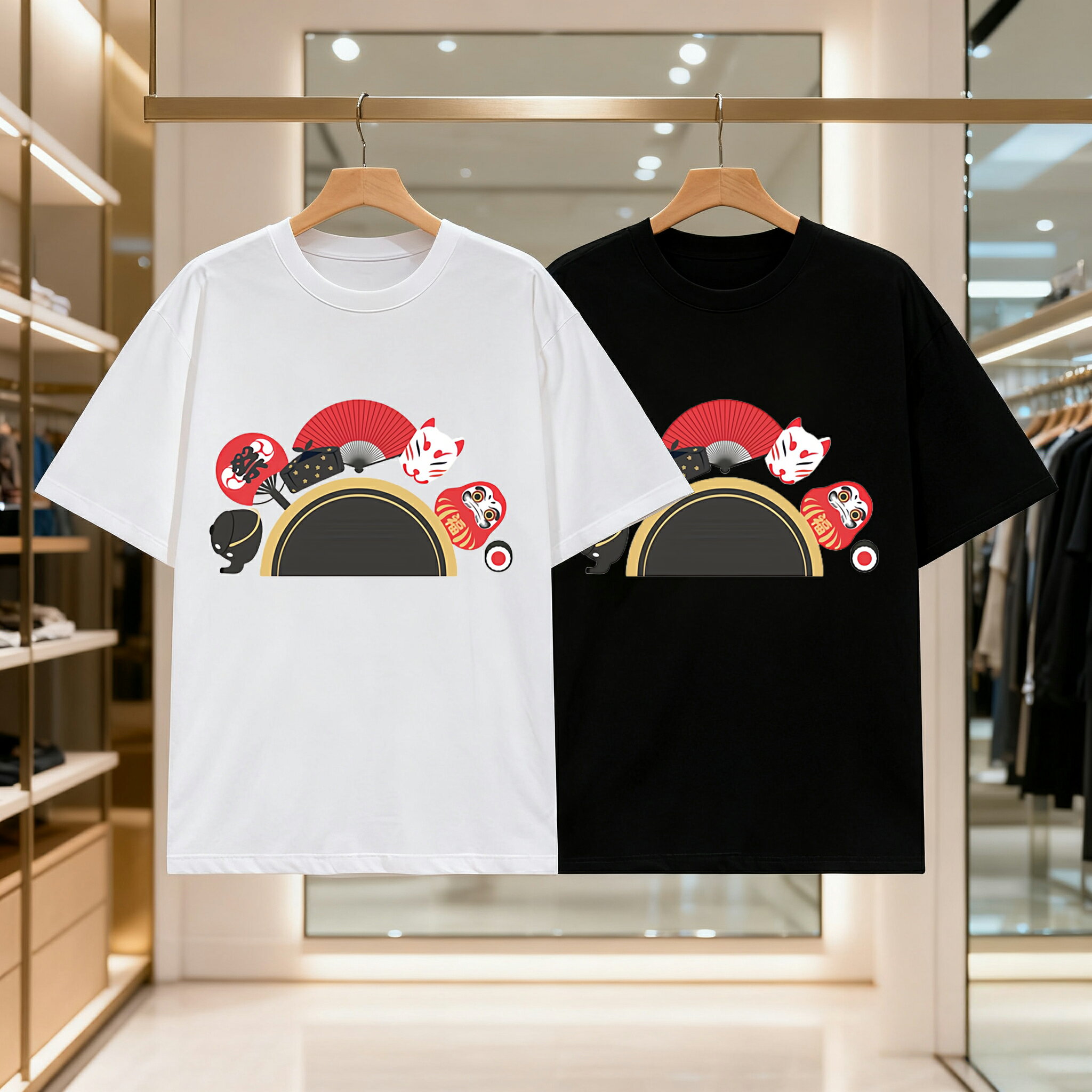 乐天商城 - 日本の伝統文化の特徴的な版画 メンズ レディース ブラック 黒 ホワイト 白 トップスカジュアル シンプル Tシャツ 半袖