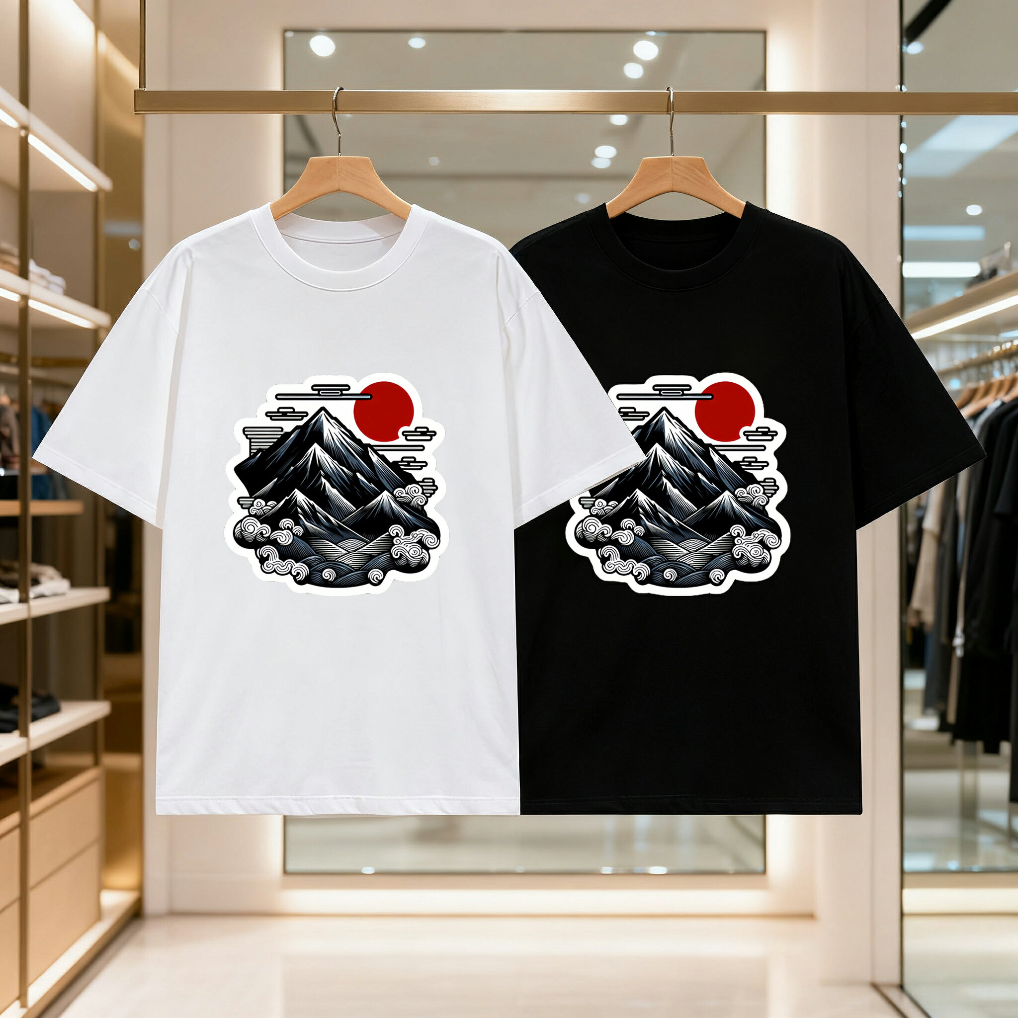 乐天商城 - 夕日と山々 メンズ レディース ブラック 黒 ホワイト 白 トップスカジュアル シンプル Tシャツ 半袖